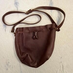 Portland Leather Brown Drawstring Bucket Crossbody Bag Adjustable Strap